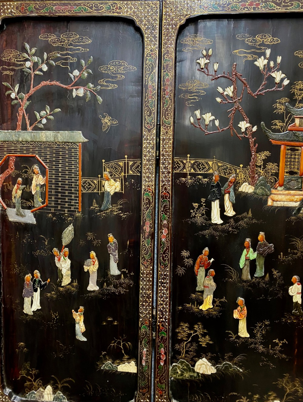 Antique Chinese Hard Stone & Lacquer Screen View XI