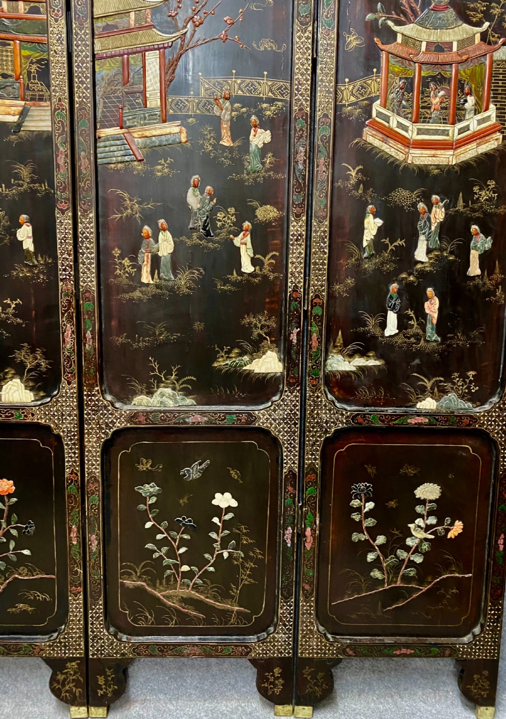 Antique Chinese Hard Stone & Lacquer Screen View XII