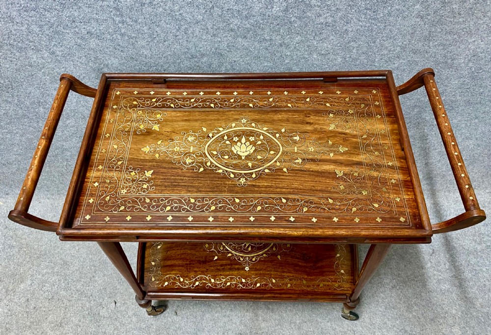 Anglo-Indian Teak & Brass Inlaid Drinks Trolley View II