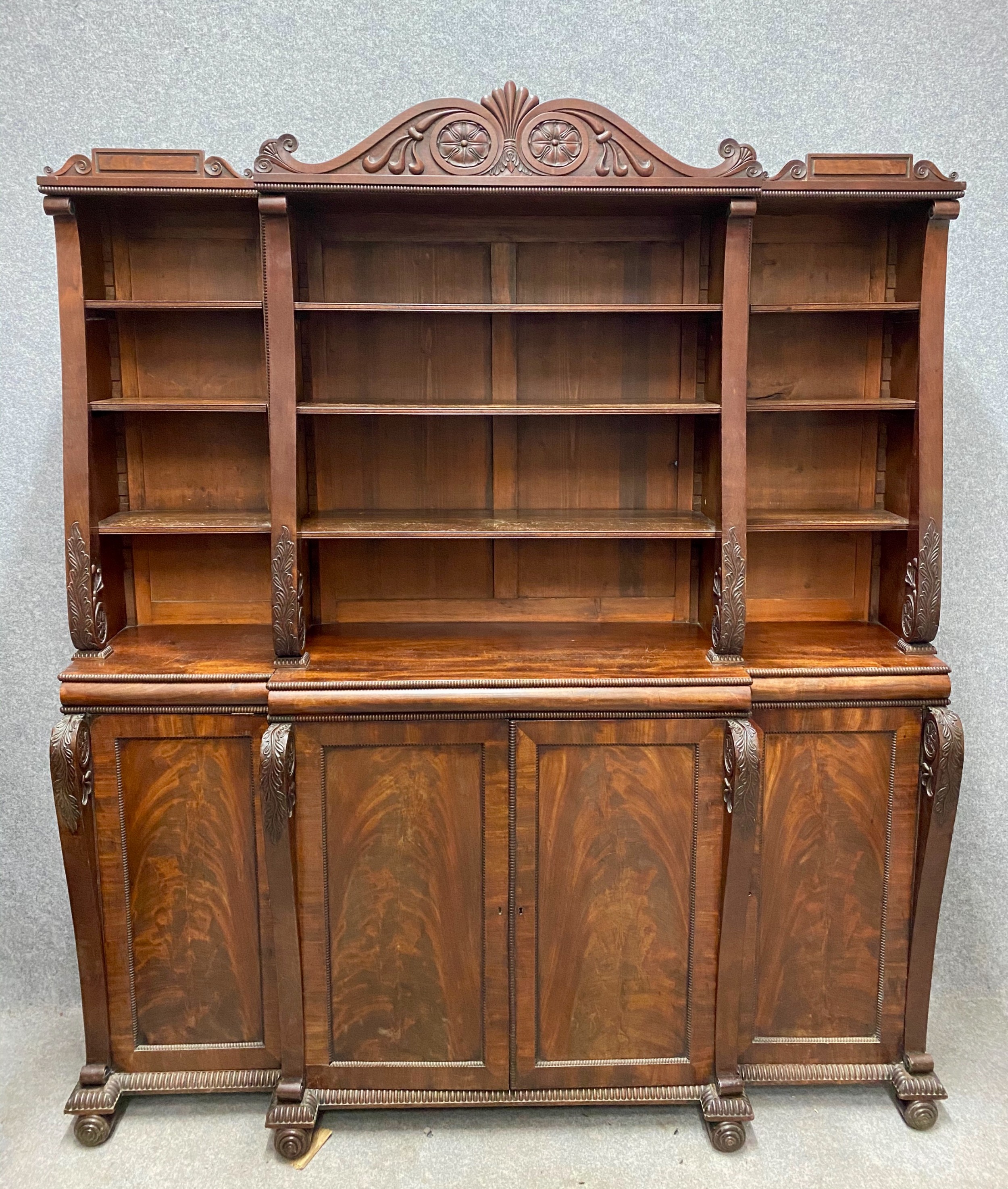 Fine Regency Mahogany Open Breakfront  Bookcase