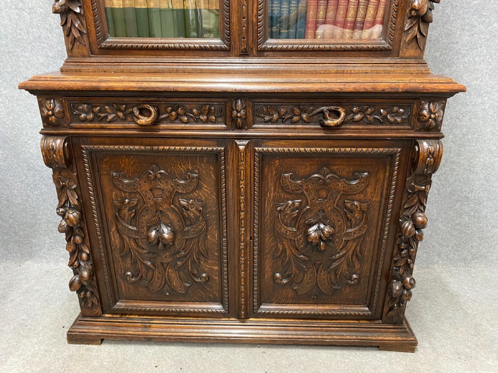 Impressive Antique Carved Oak Bookcase View II