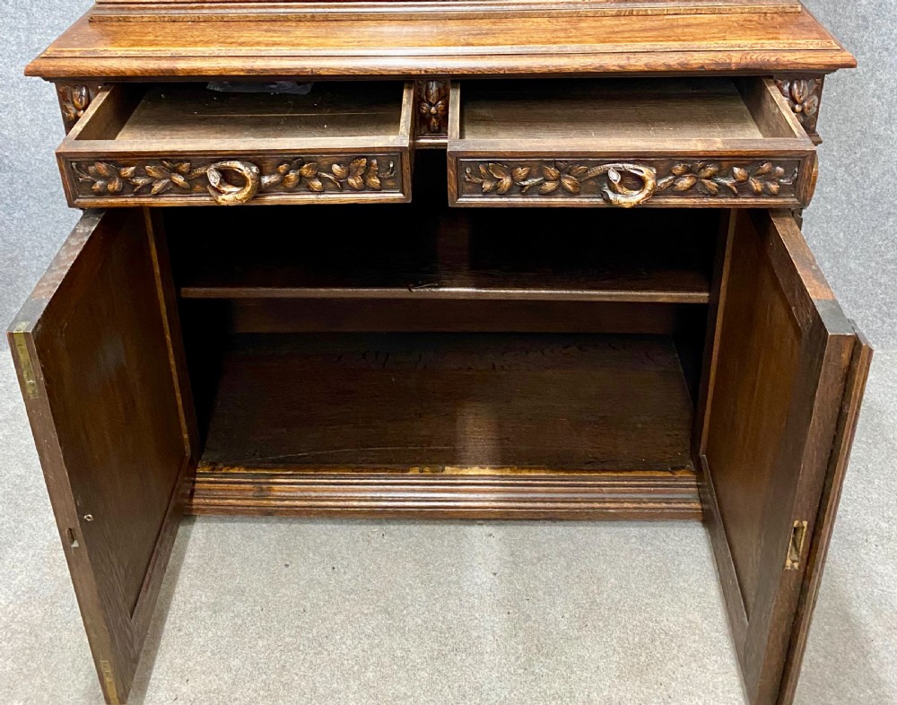 Impressive Antique Carved Oak Bookcase View VIII