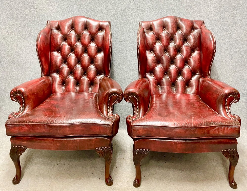 Pair of Leather Wing Armchairs