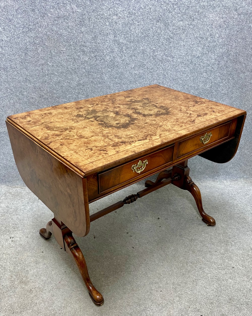 Good Queen Anne Style Burr Walnut Drop Leaf Sofa Table View II
