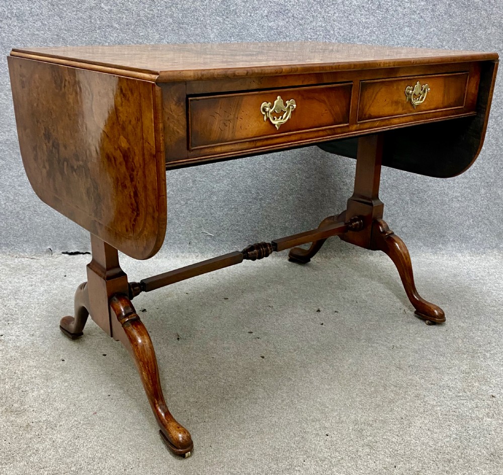 Good Queen Anne Style Burr Walnut Drop Leaf Sofa Table View IV