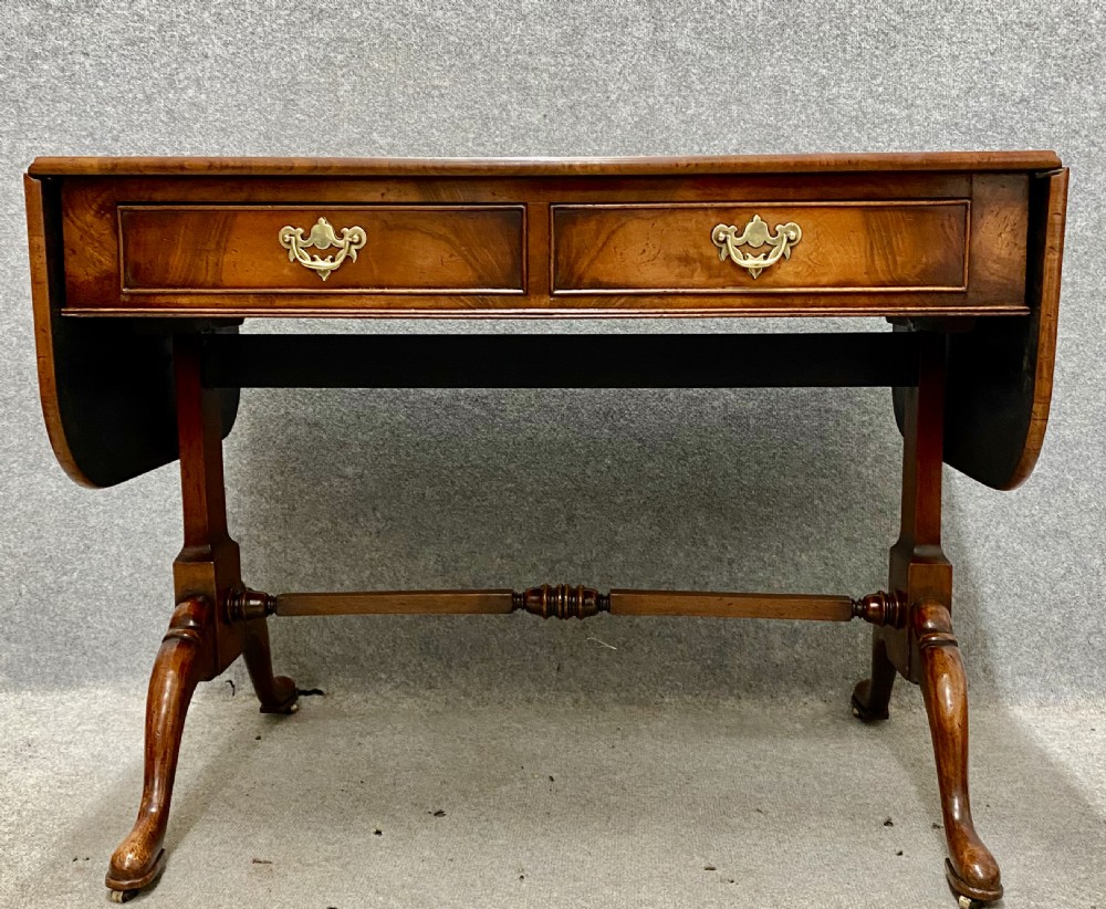 Good Queen Anne Style Burr Walnut Drop Leaf Sofa Table View VI