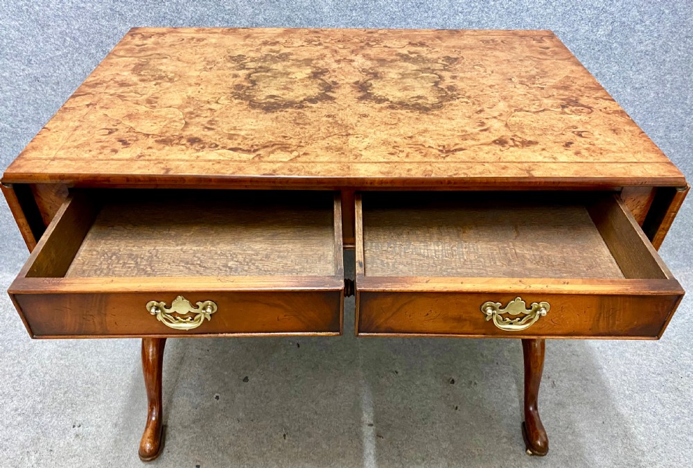 Good Queen Anne Style Burr Walnut Drop Leaf Sofa Table View VII