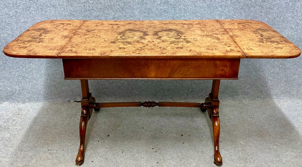 Good Queen Anne Style Burr Walnut Drop Leaf Sofa Table View VIII