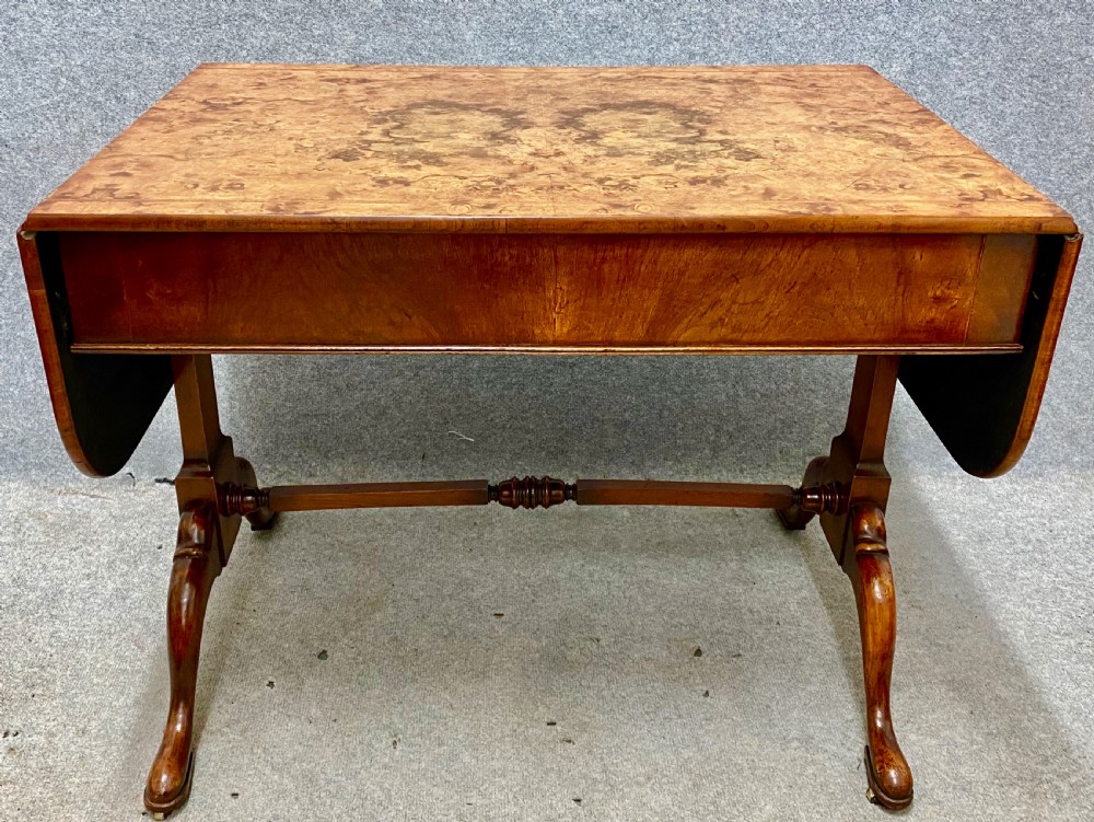 Good Queen Anne Style Burr Walnut Drop Leaf Sofa Table View IX