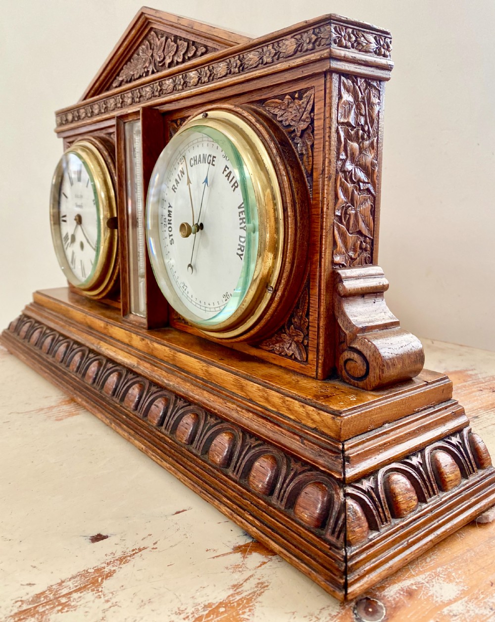 Antique Oak Clock, Barometer and Thermometer Weather Station View II