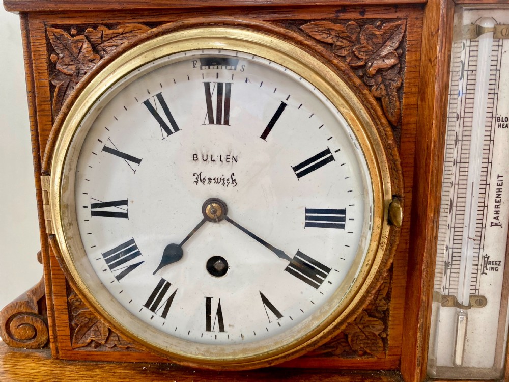 Antique Oak Clock, Barometer and Thermometer Weather Station View III