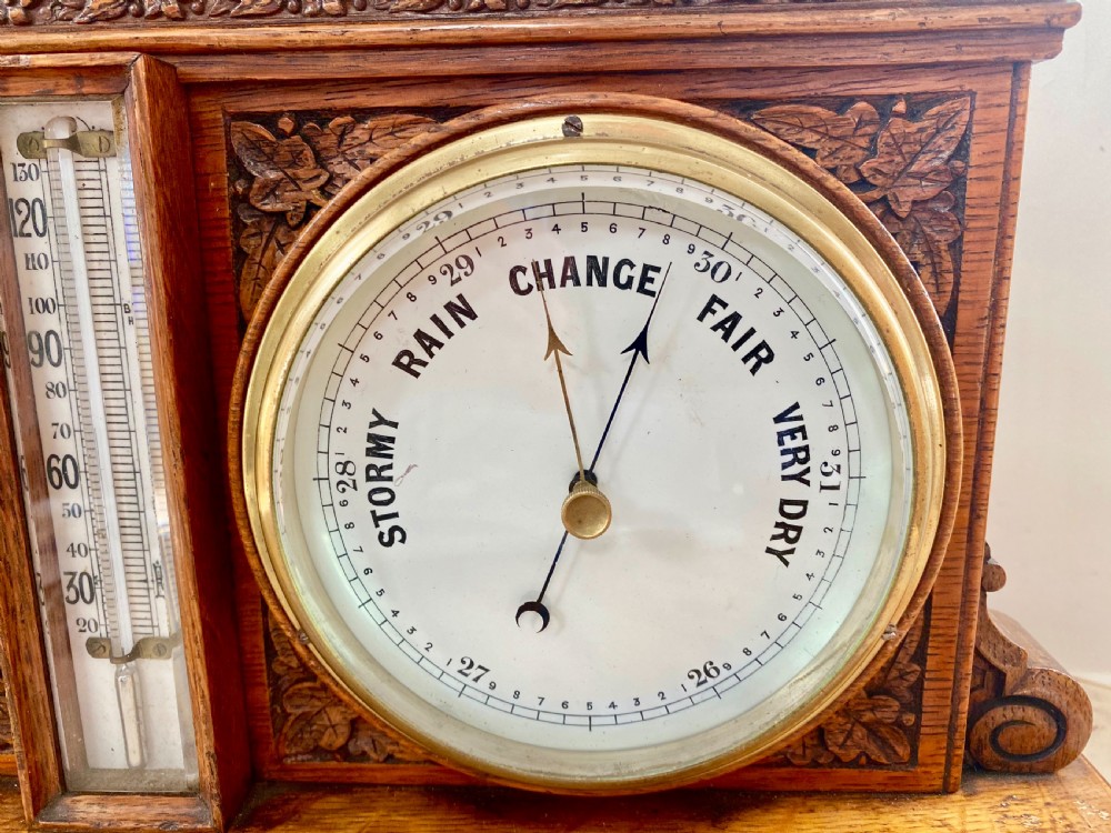Antique Oak Clock, Barometer and Thermometer Weather Station View IV