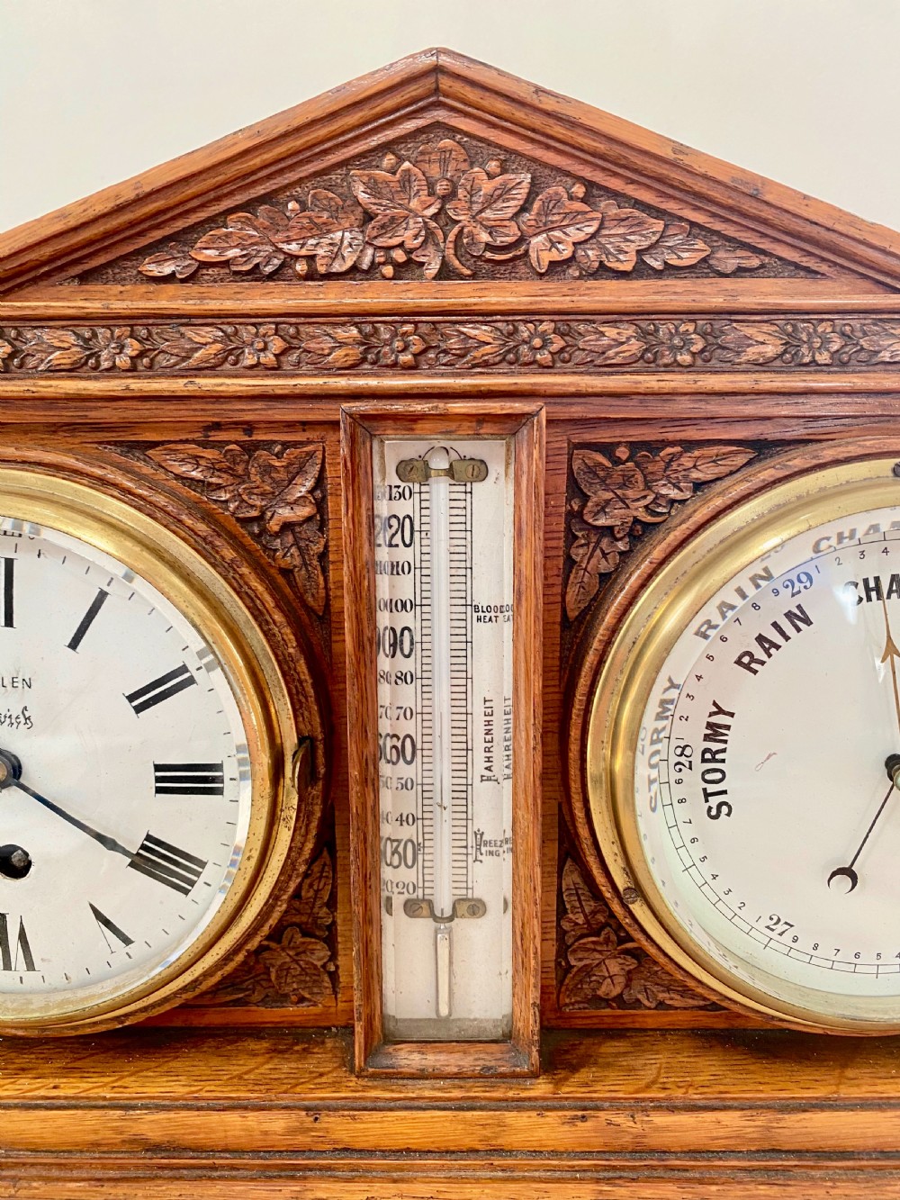 Antique Oak Clock, Barometer and Thermometer Weather Station View V