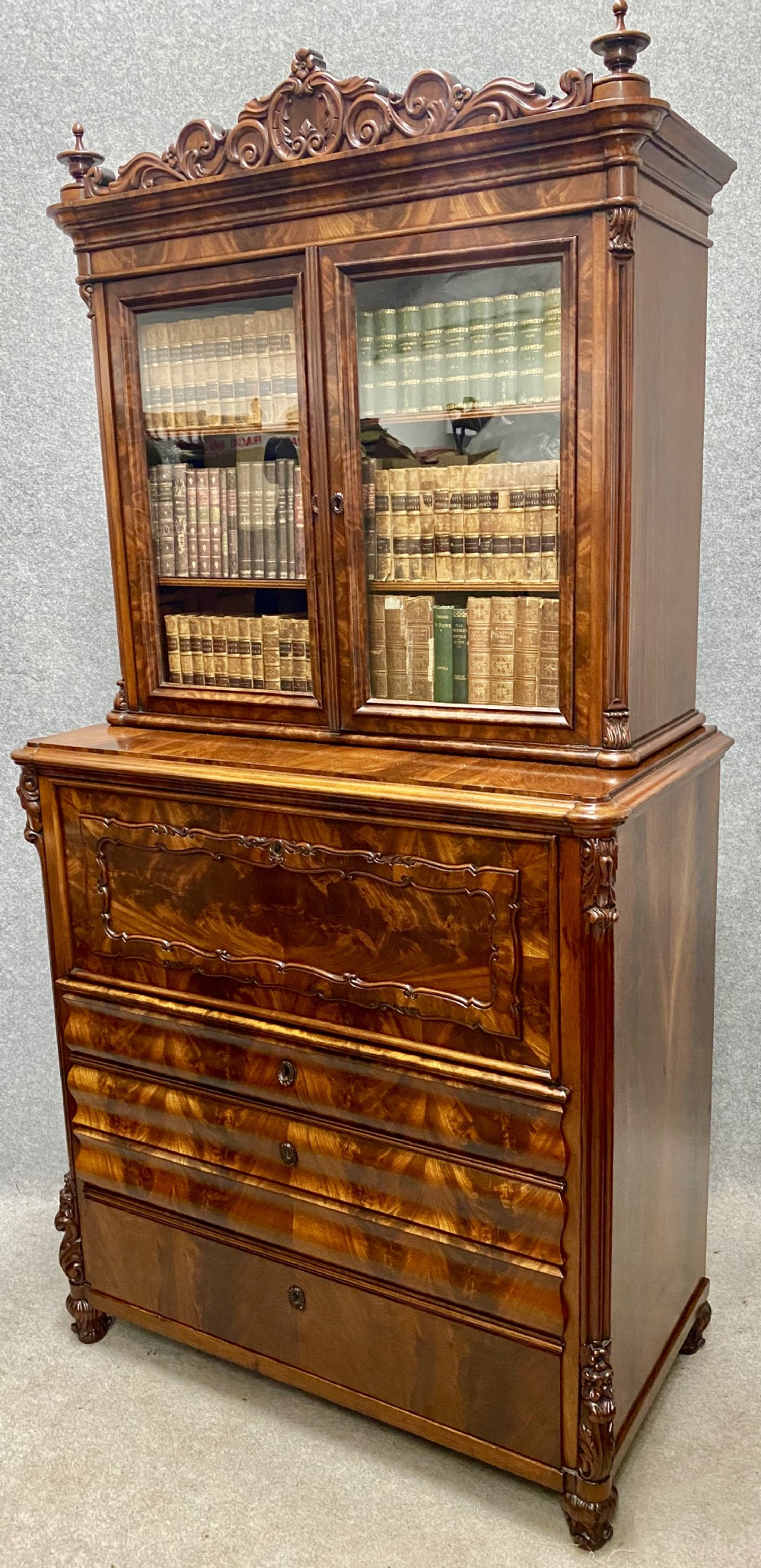 Superb Antique Biedermeier Mahogany Secretaire Bookcase