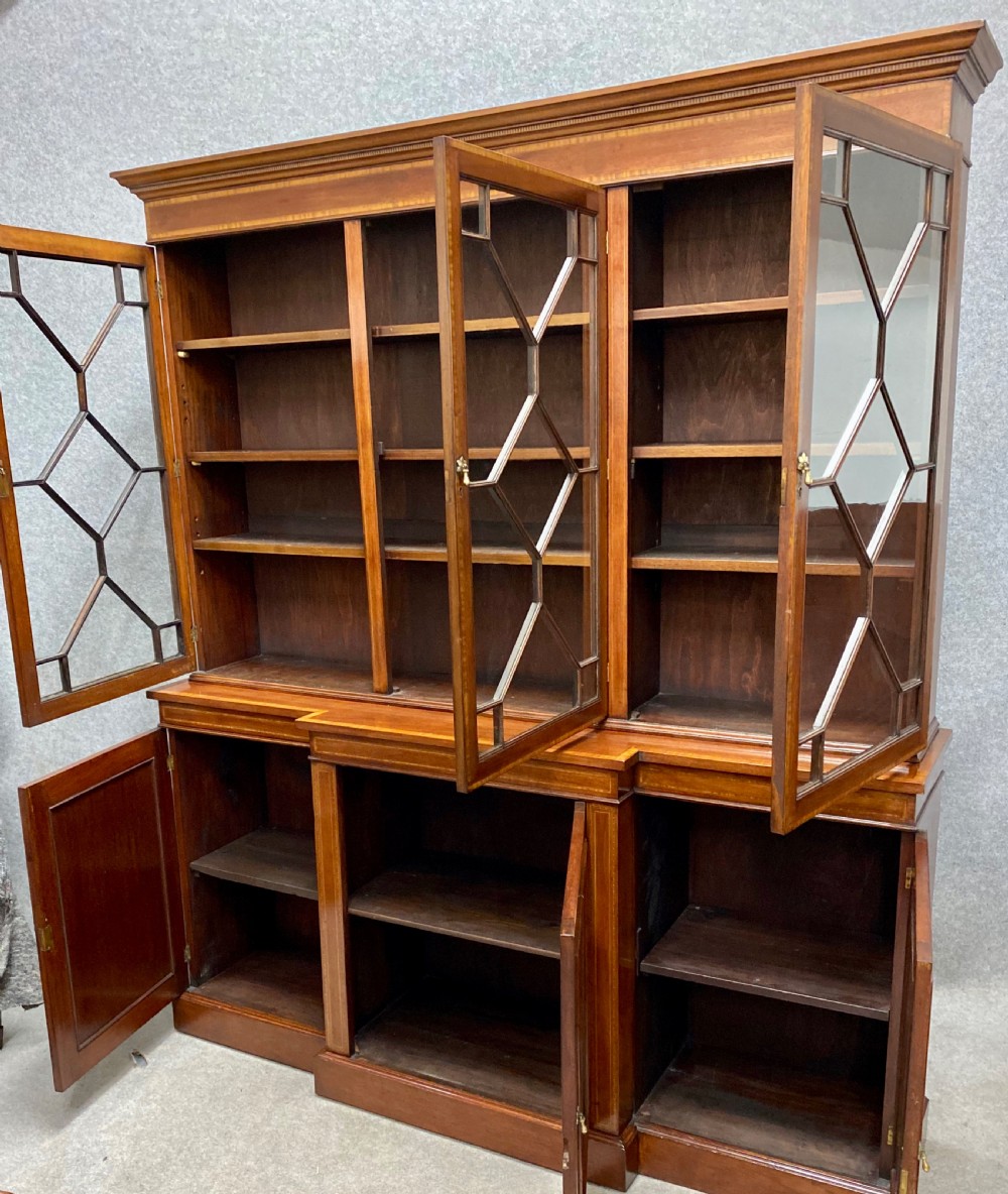 Edwardian Mahogany and Inlaid Breakfront Bookcase View VII