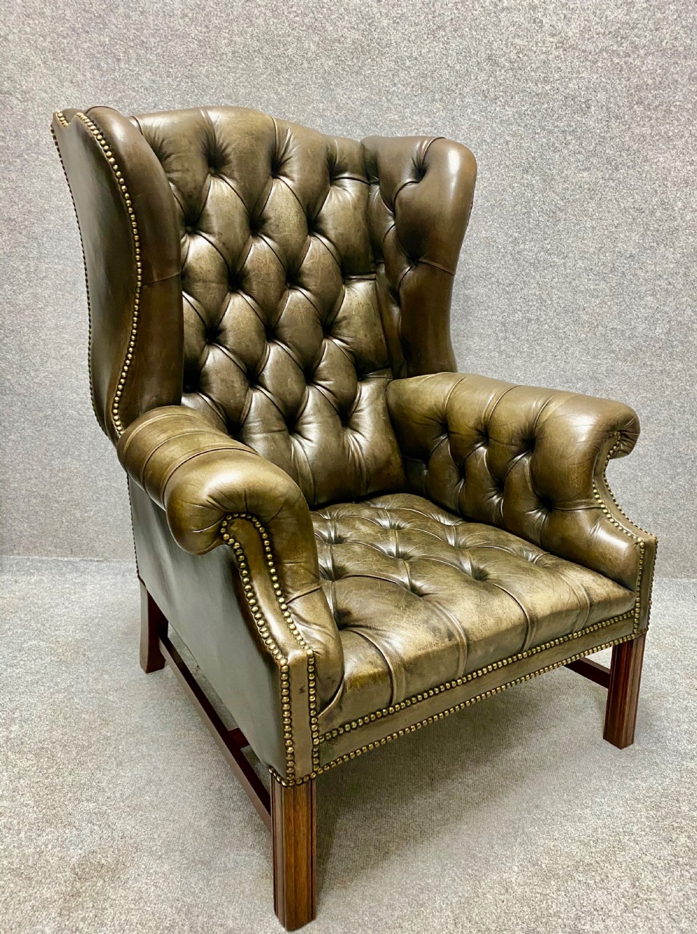 Hand Dyed Green Leather Winged Armchair