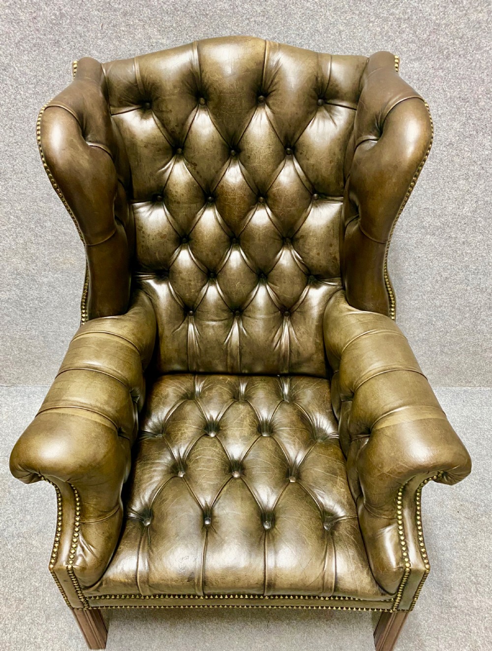 Hand Dyed Green Leather Winged Armchair View V
