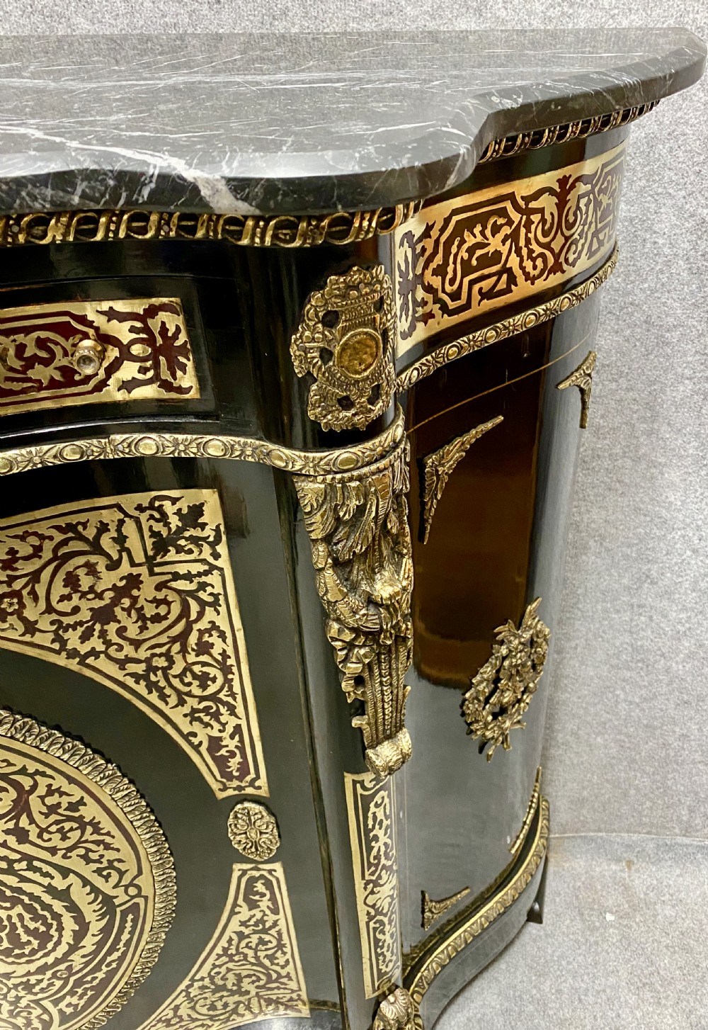 Serpentine Brass inlaid & Marble Topped Side Cabinet View III