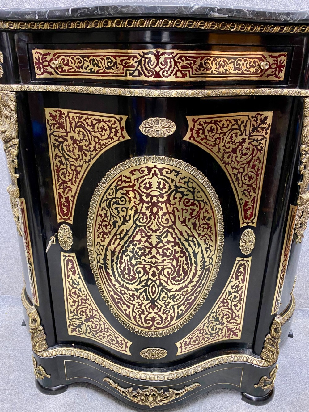 Serpentine Brass inlaid & Marble Topped Side Cabinet View V