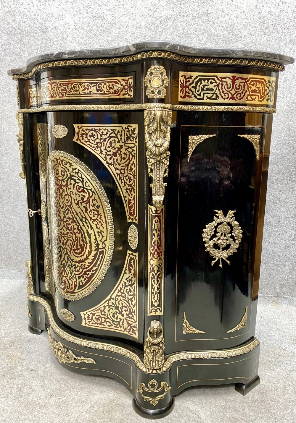 Serpentine Brass inlaid & Marble Topped Side Cabinet View X