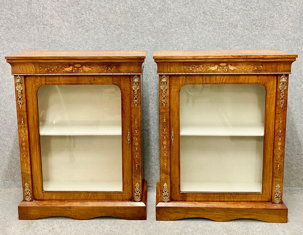 Antique Pair of Walnut & Inlaid Pier Cabinets