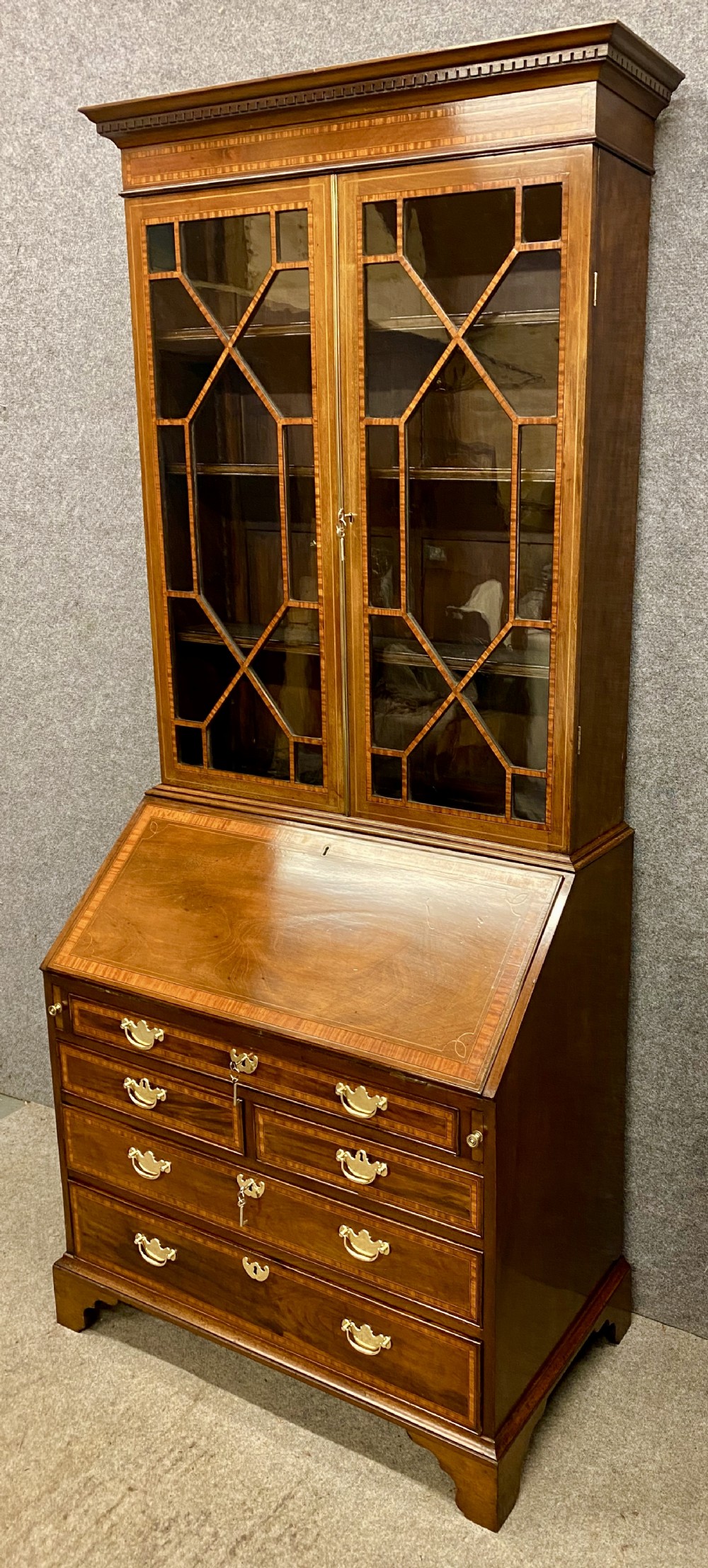 Good Quality Antique Inlaid Bureau Bookcase
