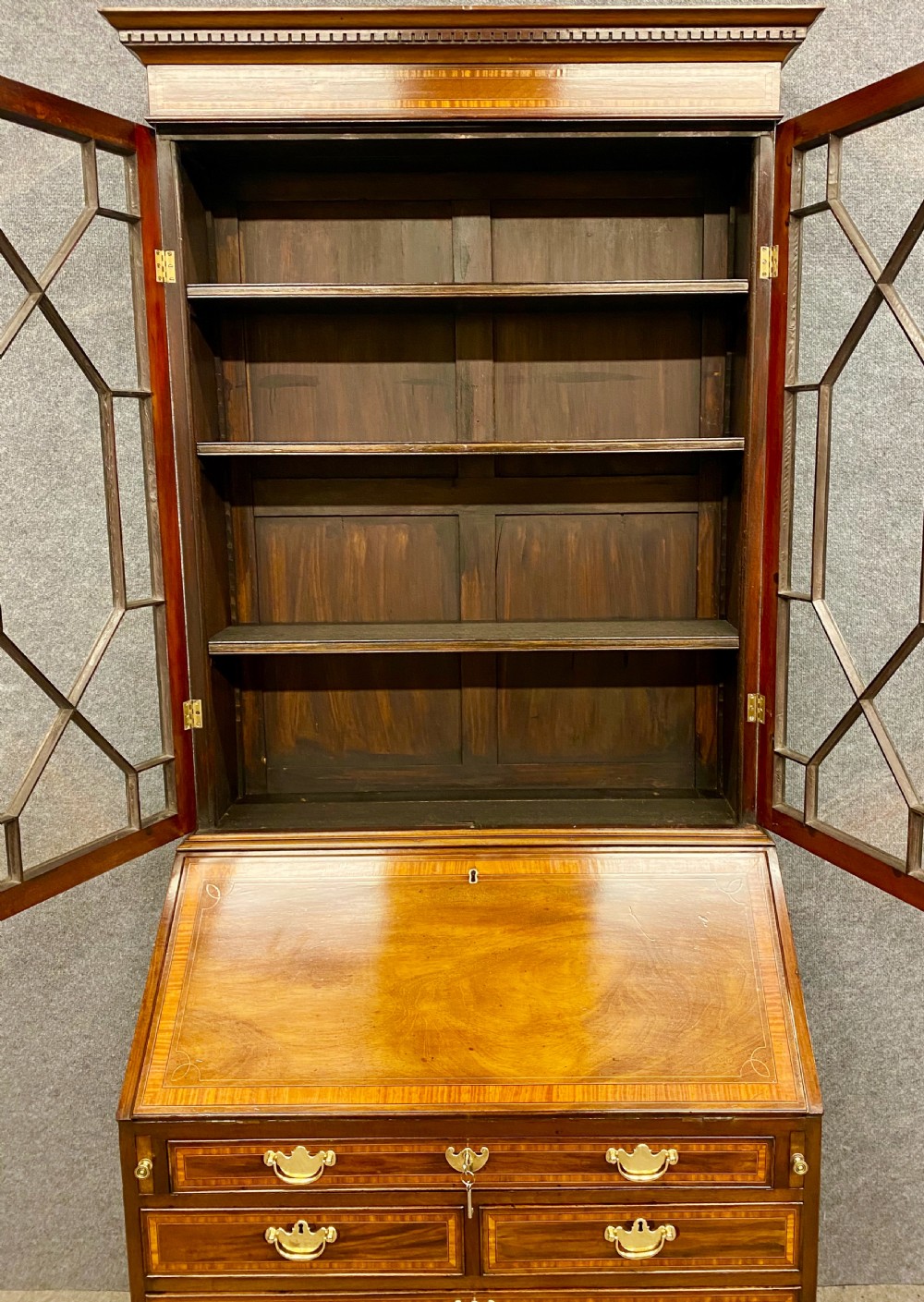 Good Quality Antique Inlaid Bureau Bookcase View X