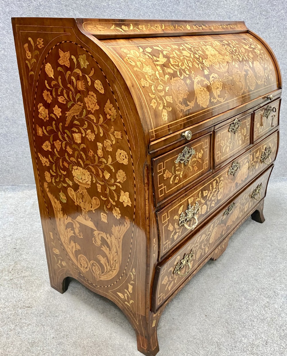 Good Late 18th C. Dutch Marquetry Cylinder Bureau View VIII