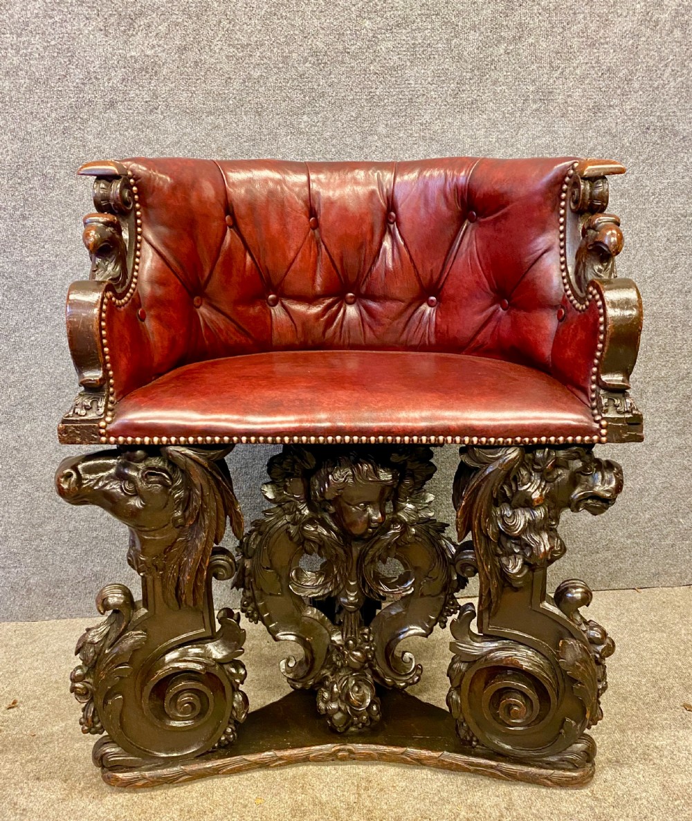 Very Unusual Carved Oak High Back Leather Armchair