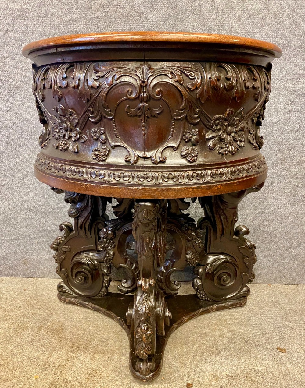 Very Unusual Carved Oak High Back Leather Armchair View III