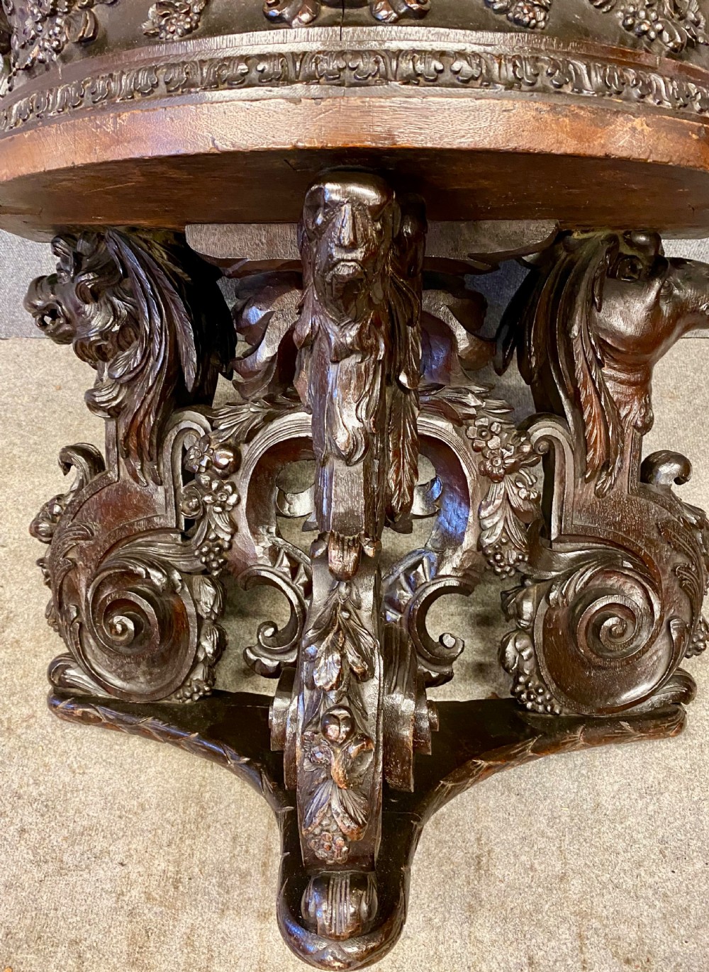 Very Unusual Carved Oak High Back Leather Armchair View IV