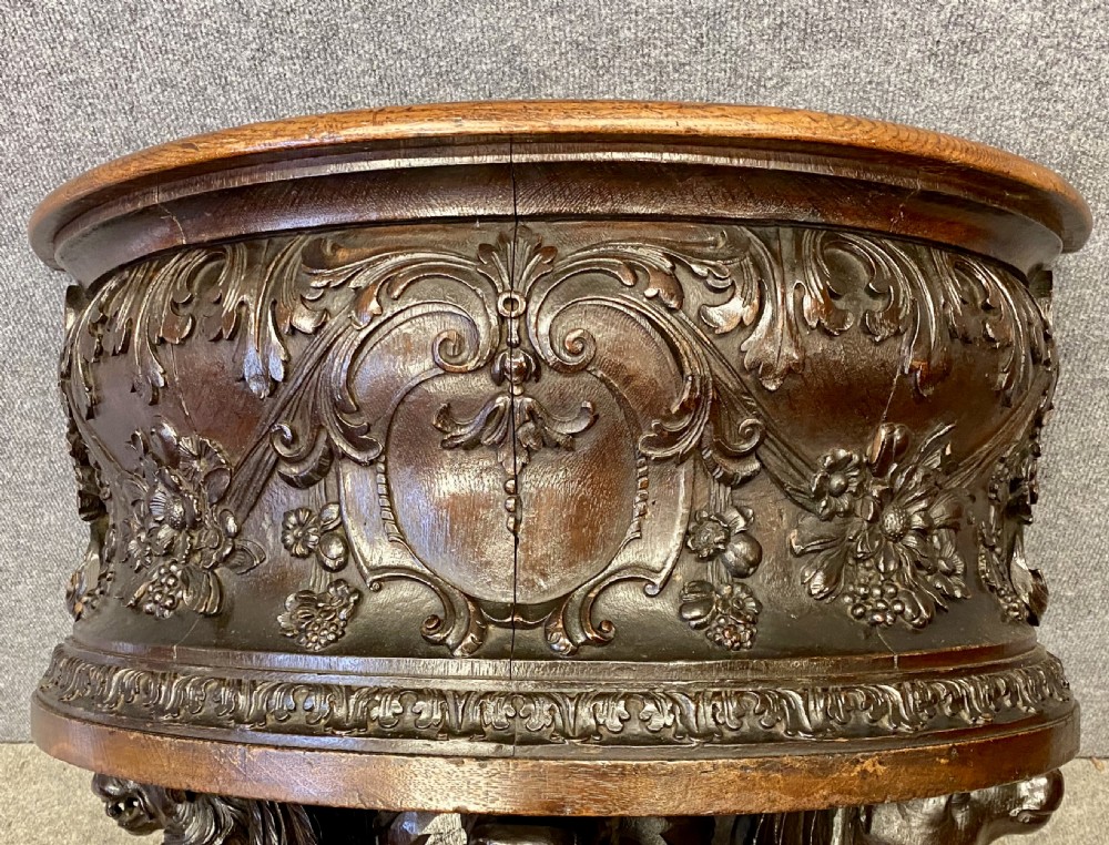 Very Unusual Carved Oak High Back Leather Armchair View V