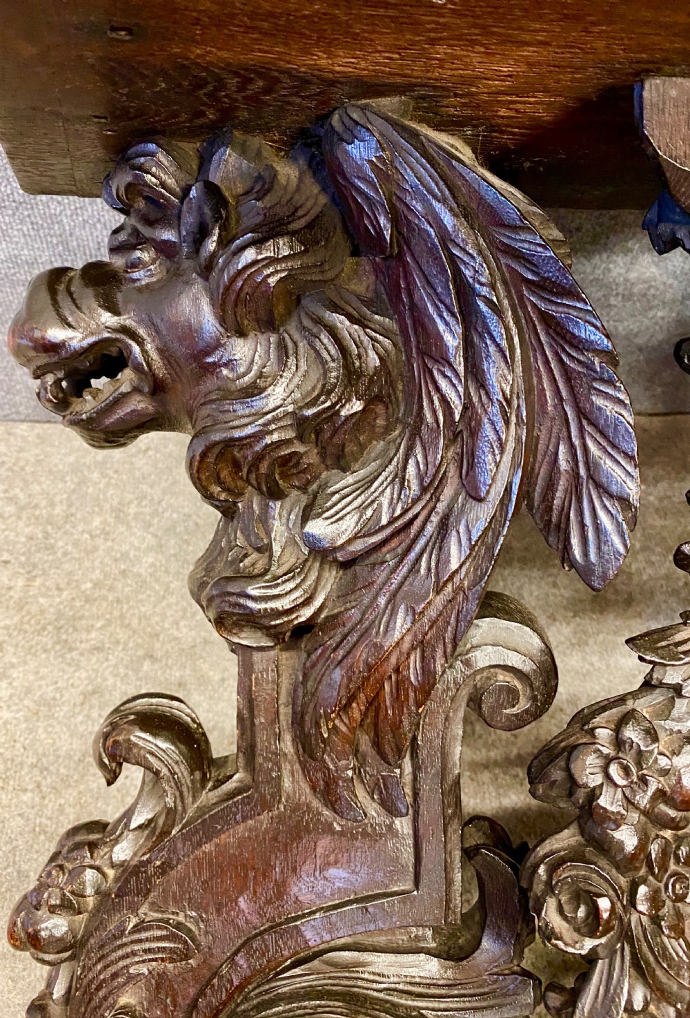 Very Unusual Carved Oak High Back Leather Armchair View VII