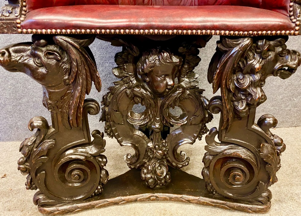 Very Unusual Carved Oak High Back Leather Armchair View IX