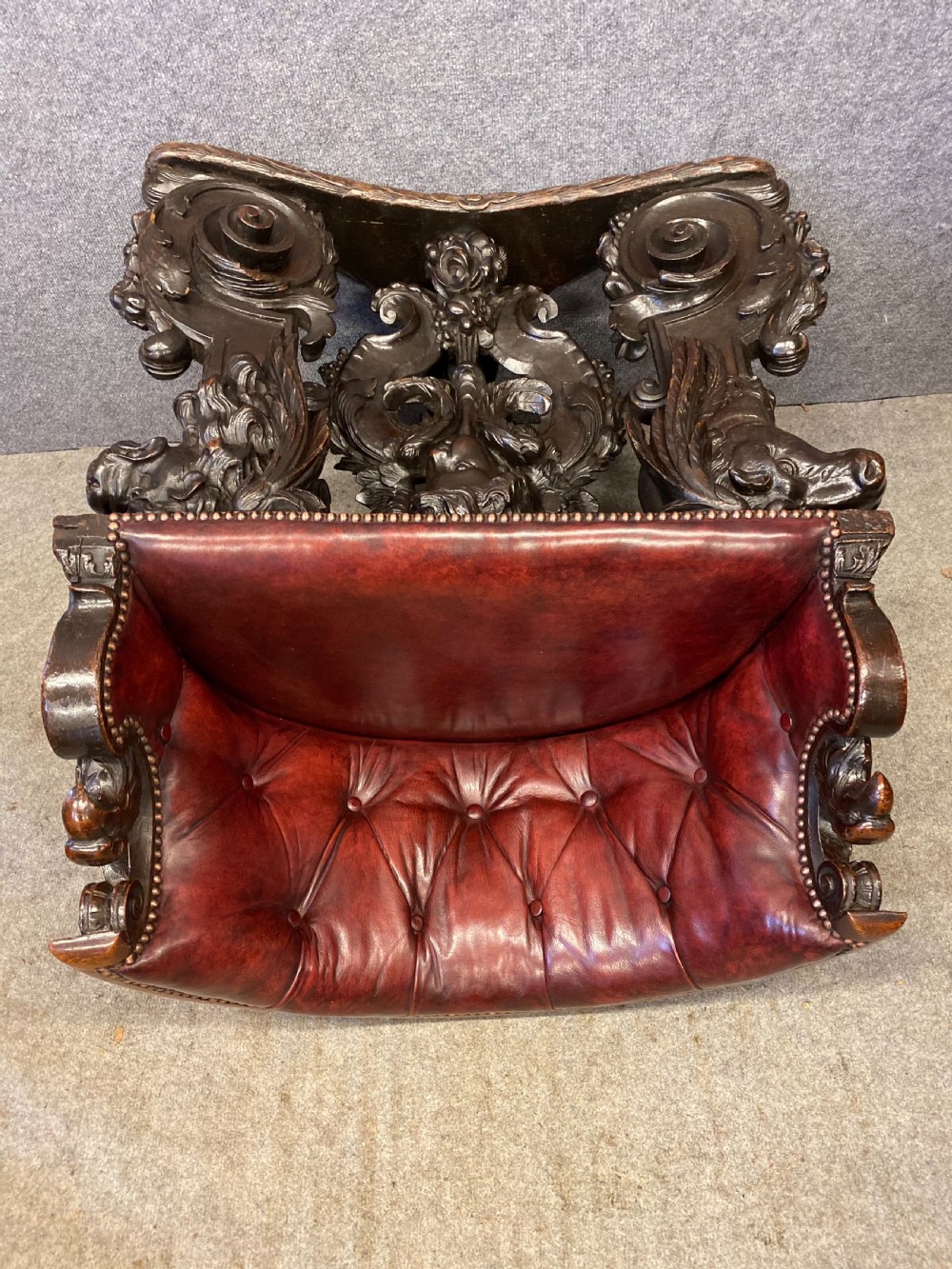 Very Unusual Carved Oak High Back Leather Armchair View XI