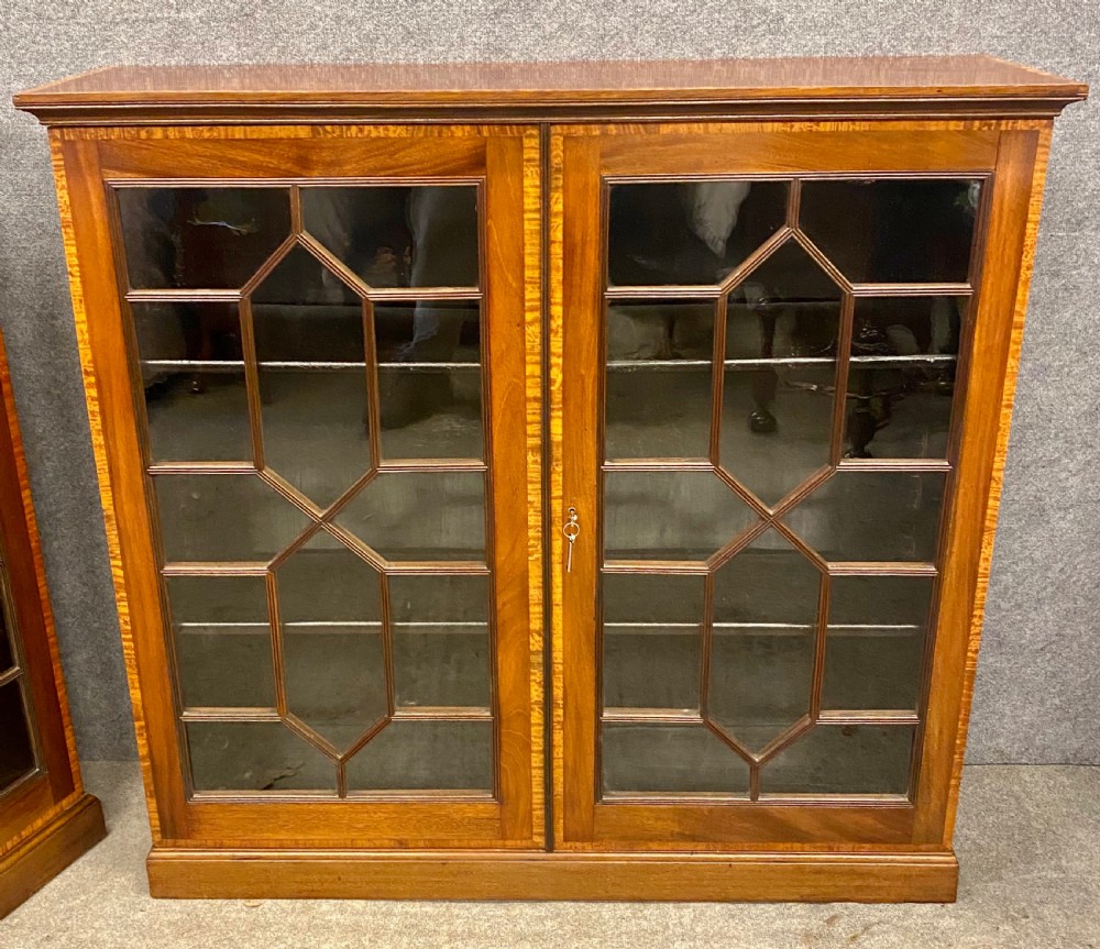 Antique Pair of Edwardian Inlaid Bookcases View X