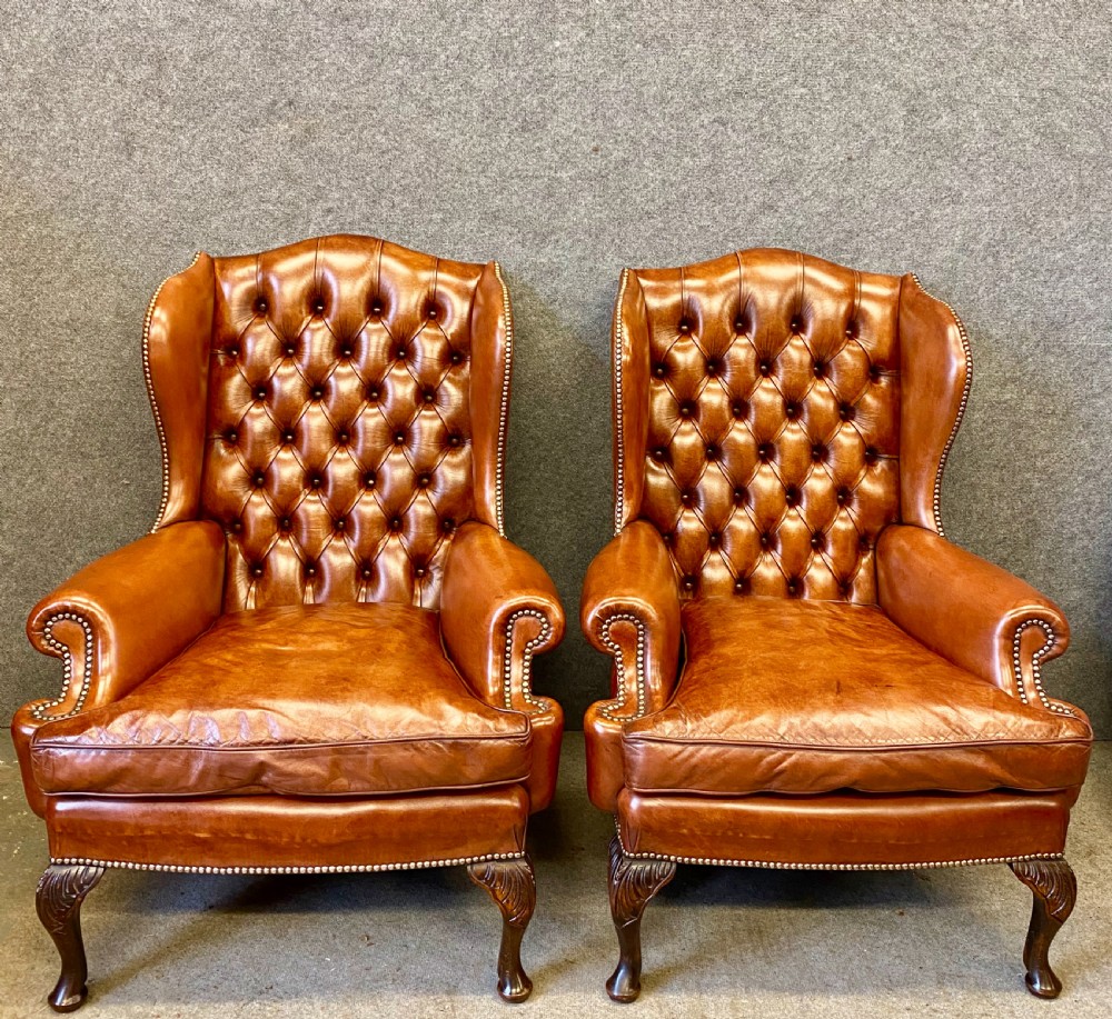 Pair Georgian Style Leather Wing Armchairs