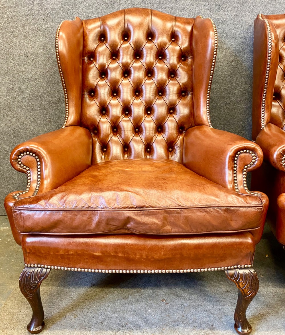 Pair Georgian Style Leather Wing Armchairs View V