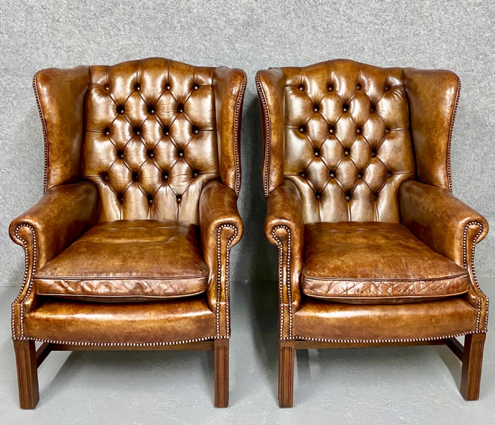 Pair of Georgian Style Leather Wing Armchairs View II