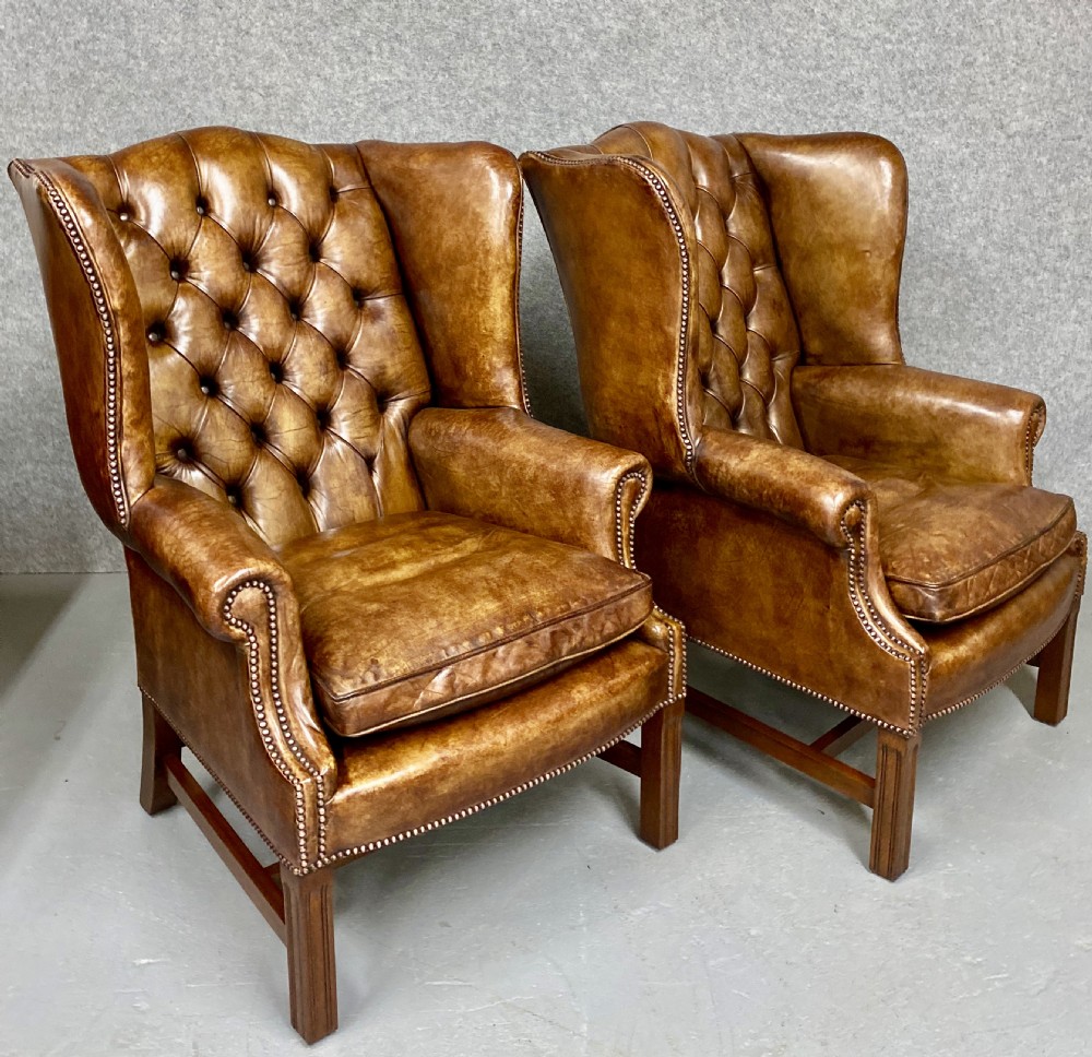 Pair of Georgian Style Leather Wing Armchairs View V