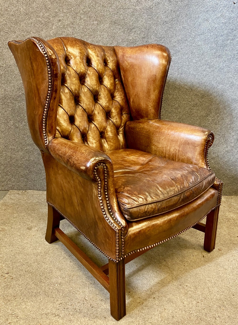Georgian Style Mahogany & Leather Winged Armchair