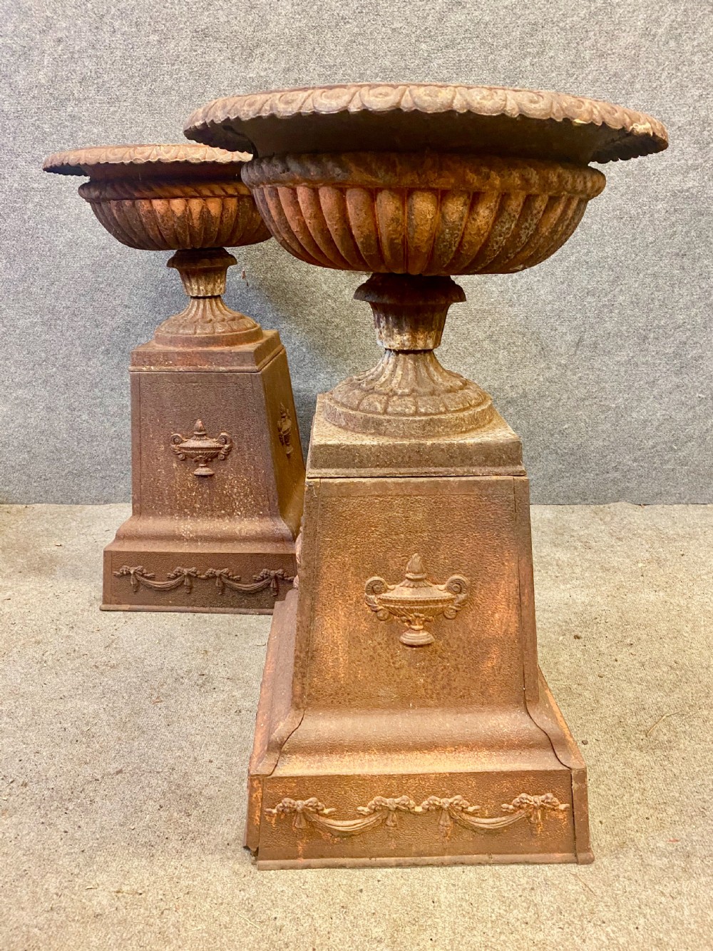 Large Pair of Antique Cast Iron Garden Urns