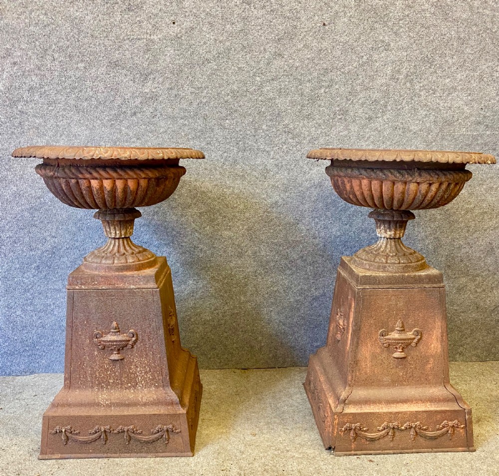 Large Pair of Antique Cast Iron Garden Urns View II