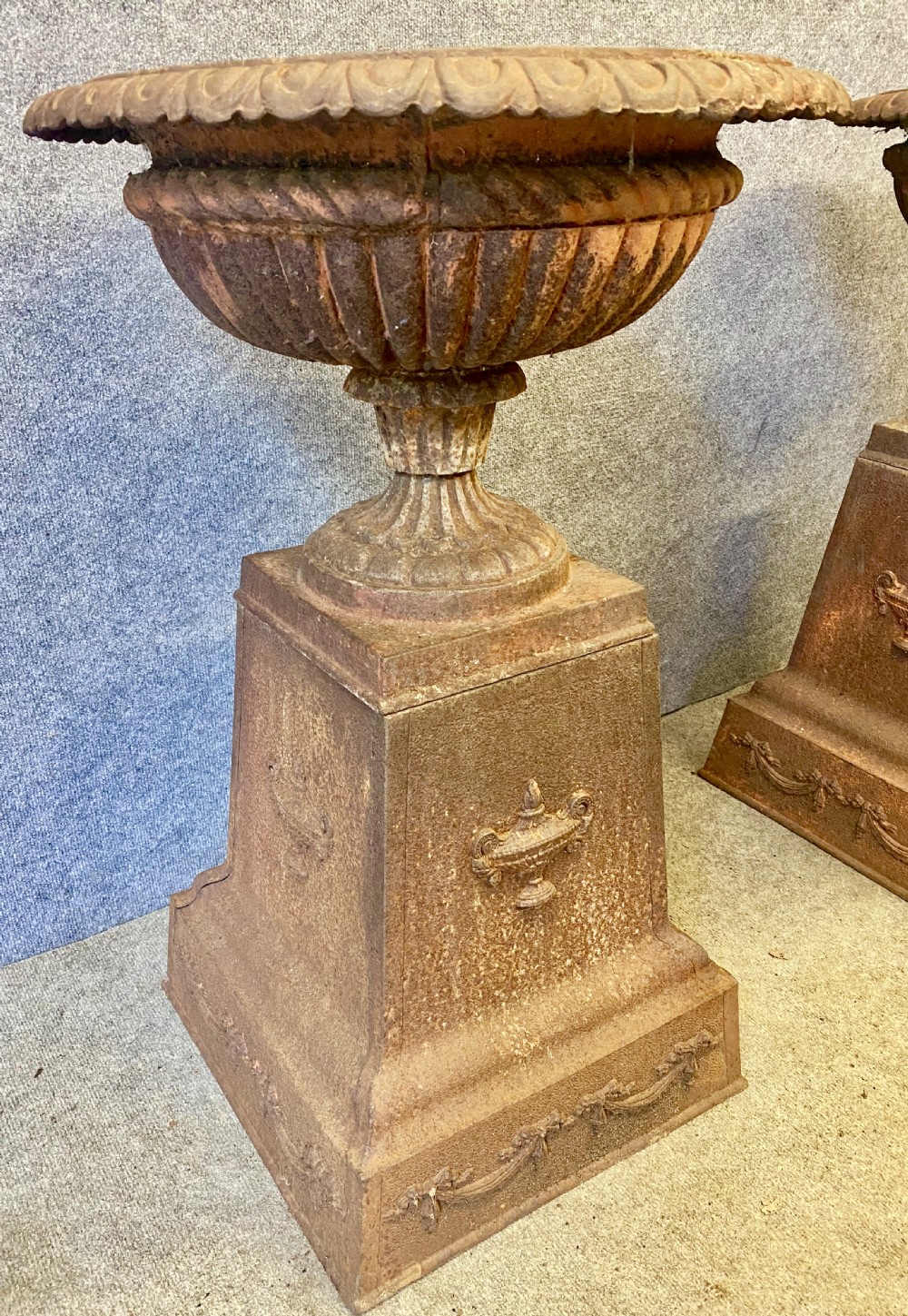 Large Pair of Antique Cast Iron Garden Urns View III