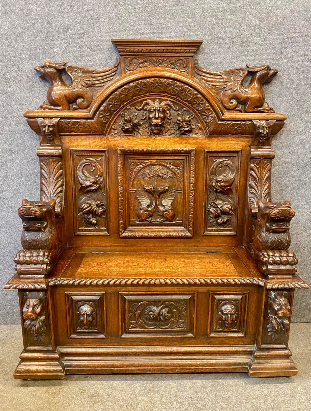Magnificent Antique Carved Oak Hall Seat