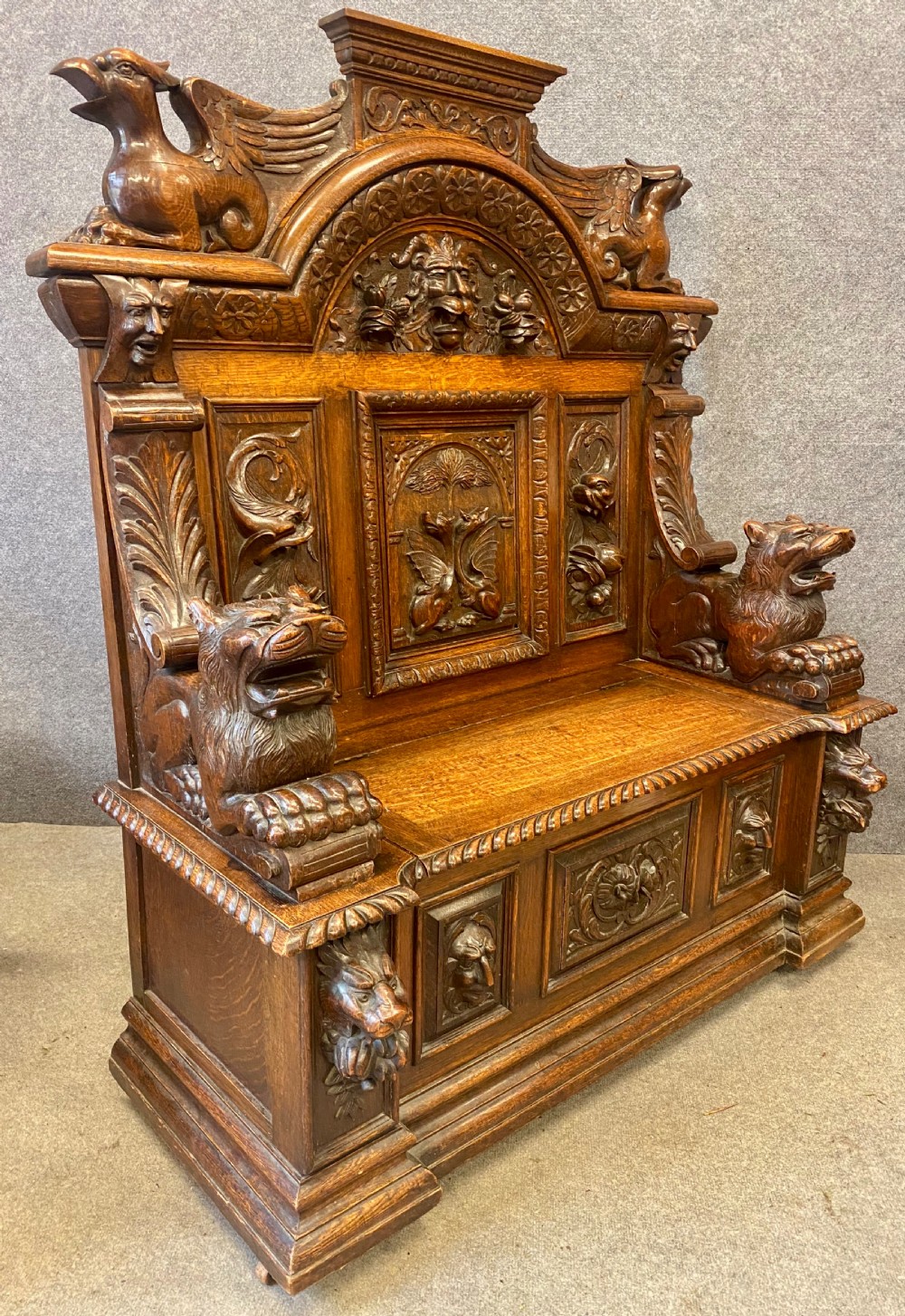 Magnificent Antique Carved Oak Hall Seat View II