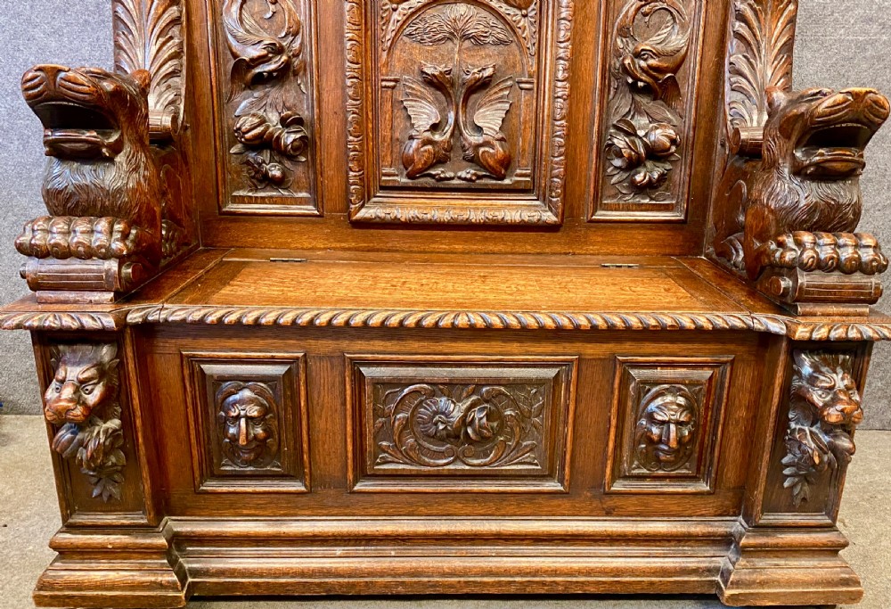 Magnificent Antique Carved Oak Hall Seat View III