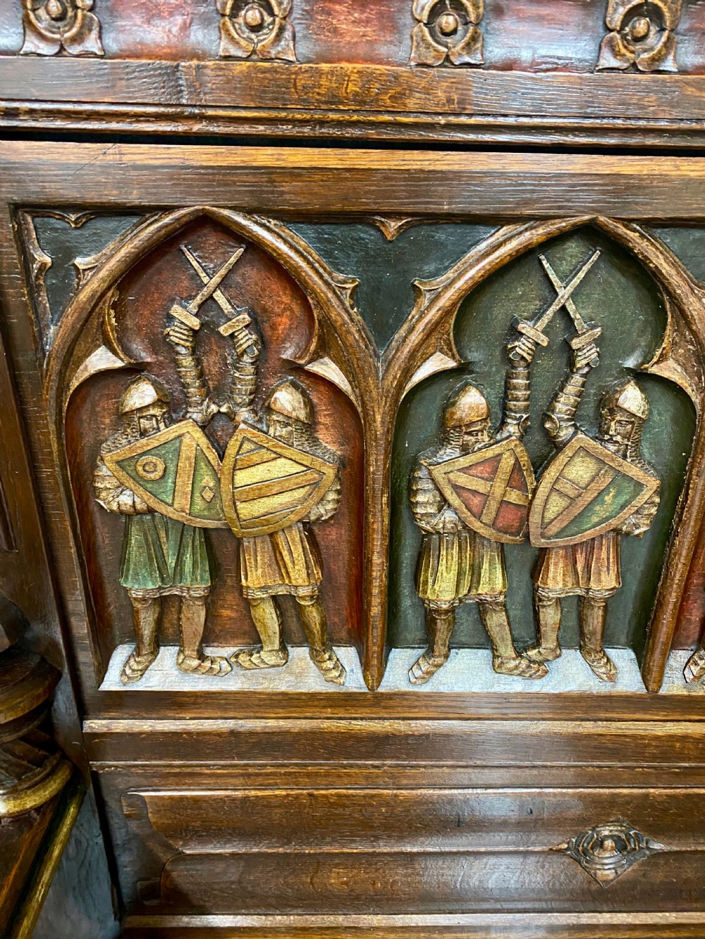 Fabulous Antique Gothic Carved Oak Hall Seat View V