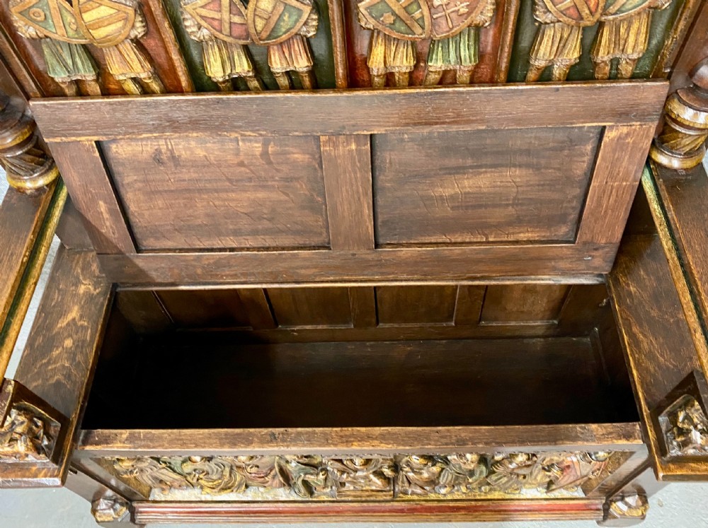 Fabulous Antique Gothic Carved Oak Hall Seat View IX