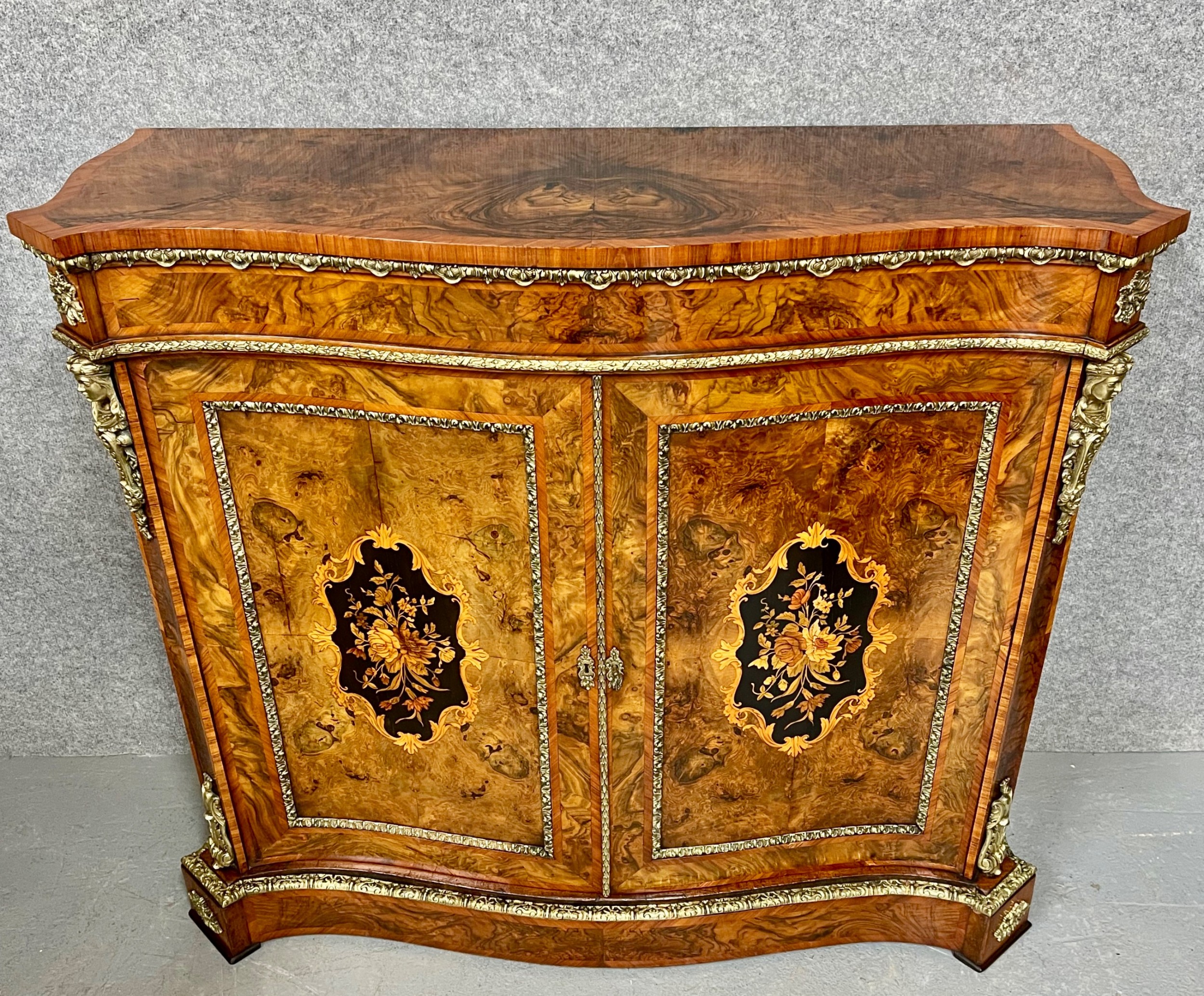 Fine Victorian Burr Walnut & Marquetry Side Cabinet